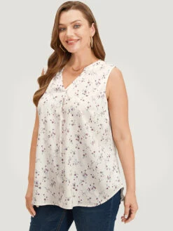 Ditsy Floral Pleated Notched Arc Hem Tank Top -Bloomchic Shop 401657484 cp