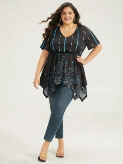 Boho Print Ruffles Hanky Hem T-shirt -Bloomchic Shop 402428667 kn