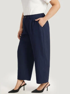 Plain Pocket Elastic Waist High Rise Pants -Bloomchic Shop 402486306 cx