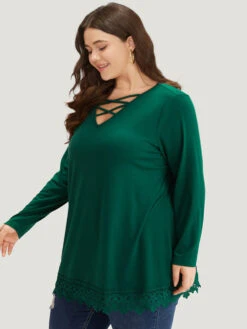 Solid Lace Panel Crisscross V Neck T-shirt -Bloomchic Shop 402602738 ly 1ff96b64 5d96 4d61 bf44 03a9638dbcfd