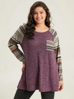 Striped Patchwork Pocket Raglan Sleeve T-shirt -Bloomchic Shop 403095595 qe