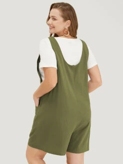 Solid Pocket Button Detail Knot Shoulder Overall Romper -Bloomchic Shop 403137778 mg