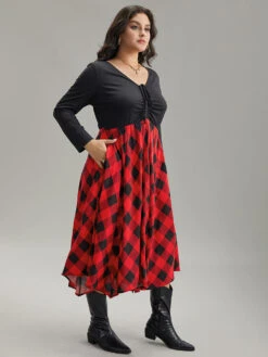Plaid Ruched Drawstring Asymmetrical Hem Dress -Bloomchic Shop 404008358 oc