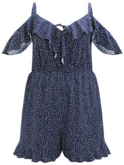 Polka Dot Ruffle Trim Tie Neck Cut Out Elastic Waist Jumpsuit -Bloomchic Shop 404169676 pu