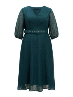 Solid Texture Pocket Belted Mesh Patchwork Dress -Bloomchic Shop 406703349 ne