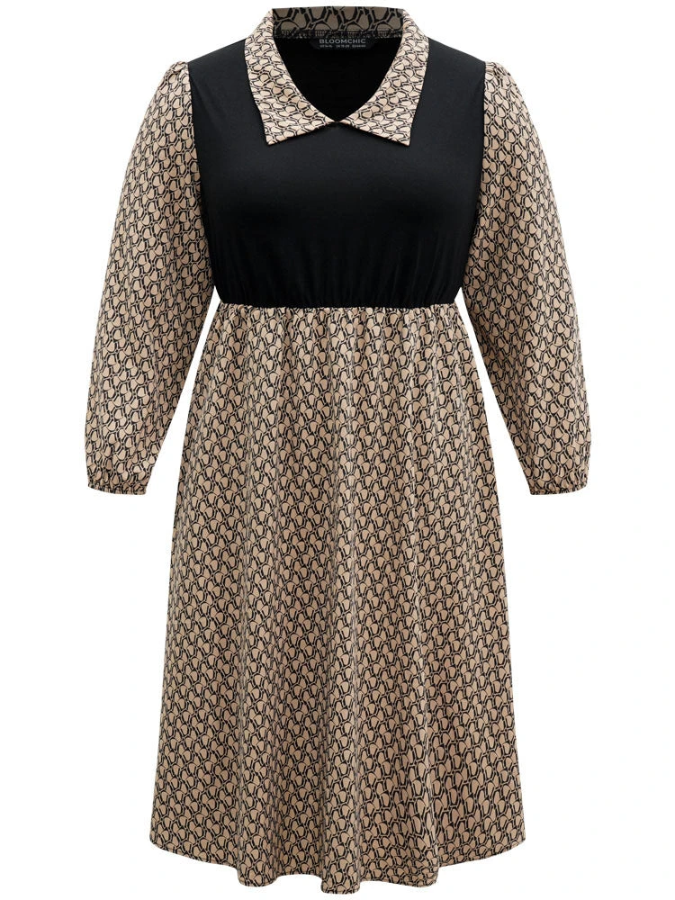 Geometric Patchwork Lapel Collar Lantern Sleeve Dress 7 Geometric Patchwork Lapel Collar Lantern Sleeve Dress - Image 5