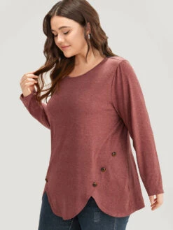 Plain Round Neck Button Detail T-shirt -Bloomchic Shop 407533411 ti