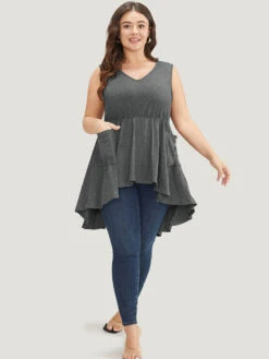 Plain Ruffle Pocket High Low Hem Tank Top -Bloomchic Shop 408815825 jn