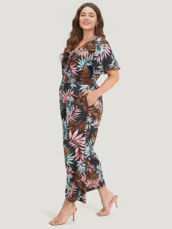 Tropical Print Knot Neck Shirred Wrap Jumpsuit -Bloomchic Shop 4089031 go