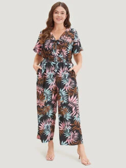 Tropical Print Knot Neck Shirred Wrap Jumpsuit -Bloomchic Shop 408924651 ne