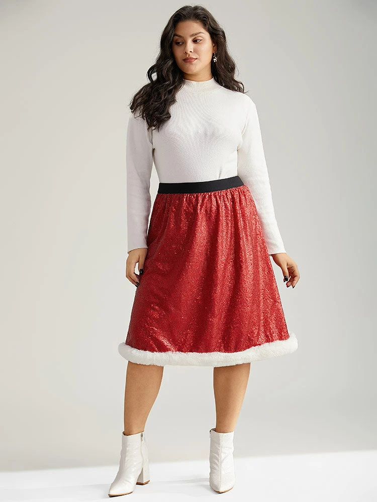 Christmas Sequin Patchwork Fuzzy Trim Skirt 6 Christmas Sequin Patchwork Fuzzy Trim Skirt - Image 4