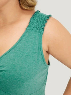 Plain V Neck Ruched Shirred Tank Top -Bloomchic Shop 409867482 xv