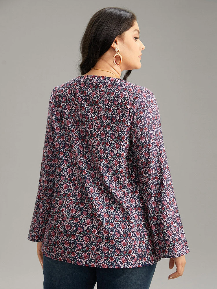 Ditsy Floral Notched Bell Sleeve Blouse 3 Ditsy Floral Notched Bell Sleeve Blouse - Image 2