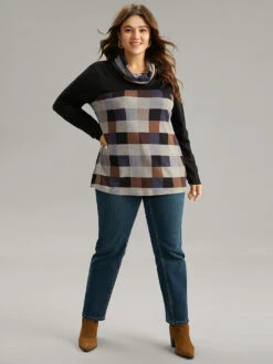 Plaid Patchwork Contrast Cowl Neck T-shirt -Bloomchic Shop 411517843 tm