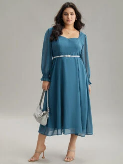 Chiffon Square Neck Shirred Lantern Sleeve Split Hem Dress -Bloomchic Shop 413284138 mv