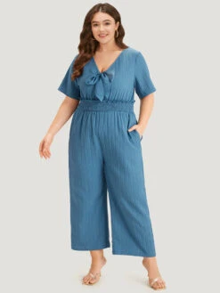 Textured Bowknot V Neck Shirred Pocket Jumpsuit -Bloomchic Shop 413345079 ef