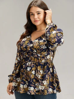 Floral Print Gathered Elastic Waist Blouse -Bloomchic Shop 414465497 gy