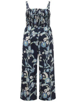 Plants Print Shirred Adjustable Straps Cami Jumpsuit -Bloomchic Shop 414789904 kw