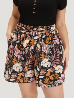 Tropical Print Paperbag Waist Pocket Belt Shorts 19 Tropical Print Paperbag Waist Pocket Belt Shorts -Bloomchic Shop 41498319 dy