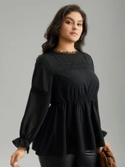 Plain Ruffles Elastic Waist Lace Patchwork Blouse 12 Plain Ruffles Elastic Waist Lace Patchwork Blouse -Bloomchic Shop 417074057 jx