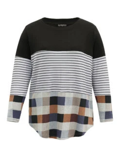 Plaid Striped Patchwork Arc HemT-shirt -Bloomchic Shop 417176795 xu