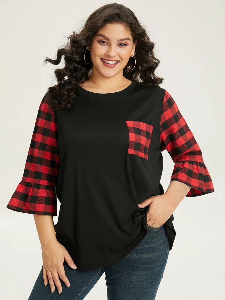 Plaid Patched Pocket Patchwork Contrast Bell Sleeve T-shirt 5 Plaid Patched Pocket Patchwork Contrast Bell Sleeve T-shirt - Image 3