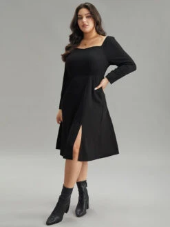 Rib Knit Split Side Square Neck Dress -Bloomchic Shop 419780446 tt
