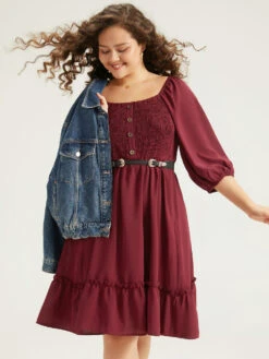 Shirred Pocket Button Detail Frill Trim Dress -Bloomchic Shop 419872275 tx 4e6cd3e3 6c7d 4890 a212 4450fa478126