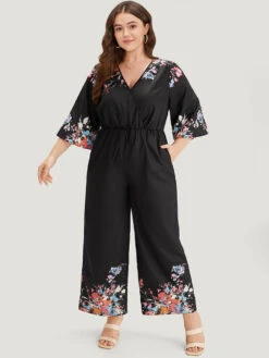 Boho Print Drawstring Pocket Flutter Sleeve Jumpsuit