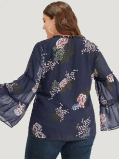 Floral Print Knot Neck Frill Trim Mesh Bell Sleeve Blouse -Bloomchic Shop 421480018 zz 94f2b9f8 e8bc 45c1 a612 fa8b9e70ebb1