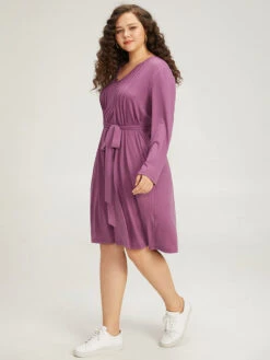 Solid Notched Pocket Pleated Belted Dress -Bloomchic Shop 421717305 da