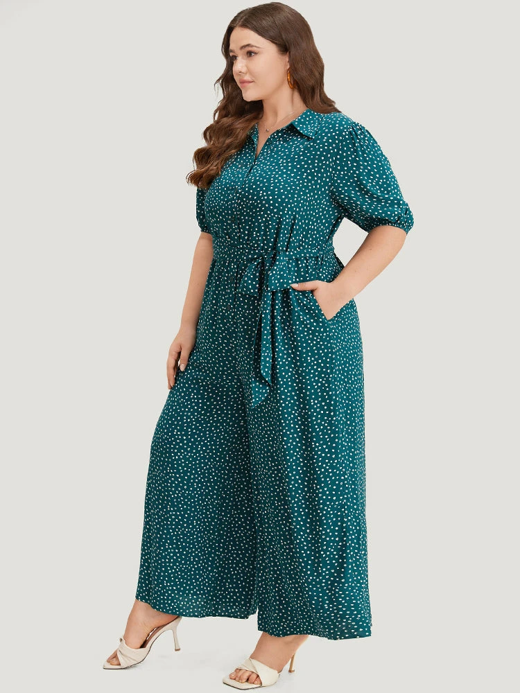 Polka Dot Belted Puff Sleeve Shirt Collar Jumpsuit 4 Polka Dot Belted Puff Sleeve Shirt Collar Jumpsuit - Image 2