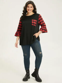 Plaid Patched Pocket Patchwork Contrast Bell Sleeve T-shirt 22 Plaid Patched Pocket Patchwork Contrast Bell Sleeve T-shirt -Bloomchic Shop 422561152 ry