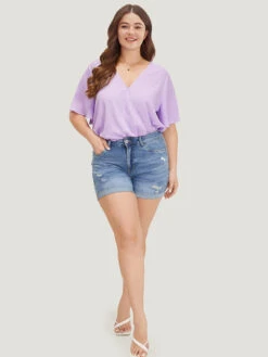 Solid Ruffle Sleeve V Neck Ruched Bodysuit -Bloomchic Shop 422877718 vl