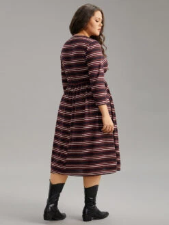 Striped Print Round Neck Pocket Elastic Waist Dress -Bloomchic Shop 423920270 go