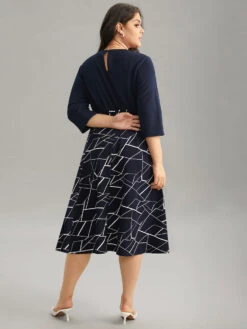 Geometric Contrast Keyhole Elastic Waist Dress -Bloomchic Shop 424248253 aj