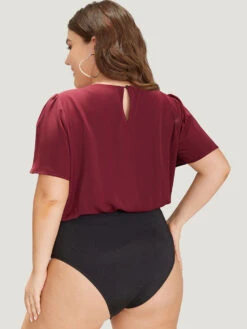 Plain Keyhole Plicated Detail Puff Sleeve Bodysuit -Bloomchic Shop 425479281 ti