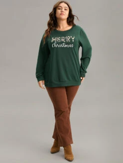 Christmas Letter Leopard Round Neck Sweatshirt -Bloomchic Shop 425852909 zp