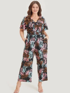 Tropical Print Knot Neck Shirred Wrap Jumpsuit -Bloomchic Shop 428836659 bf