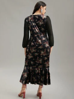 Velvet Floral Notched Ruffles Mermaid Hem Dress -Bloomchic Shop 428923962 vs