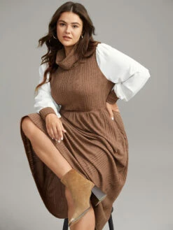 Rib Knit Patchwork Pocket Turtle Neck Dress -Bloomchic Shop 429207050 wo