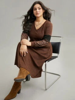 Rib Knit Leopard Print Patchwork Dress -Bloomchic Shop 429368817 mi