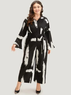 Brush Print Button Up Belted Bell Sleeve Jumpsuit 12 Brush Print Button Up Belted Bell Sleeve Jumpsuit -Bloomchic Shop 429831959 ty