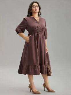 Solid Notched Lantern Sleeve Shirred Dress -Bloomchic Shop 429851496 qx