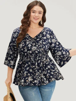 Floral Print Shirred Button Detail V Neck Petal Sleeve Blouse -Bloomchic Shop 429909235 og