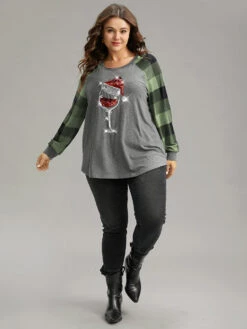 Christmas Sequin Plaid Patchwork T-shirt 23 Christmas Sequin Plaid Patchwork T-shirt -Bloomchic Shop 430967945 zn