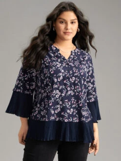 Ditsy Floral Pleated Cuffs Patchwork Blouse