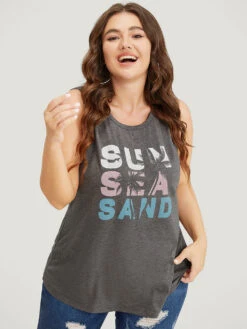 Letter & Coconut Tree Print Crew Neck Graphic Tank Top -Bloomchic Shop 43183881 qg