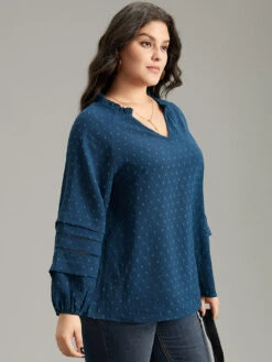 Plain Textured Cut Out Frill Trim Lantern Sleeve Blouse -Bloomchic Shop 431905163 hy 6ed41a1e 3b9a 490d b5a6 536fc699d30f