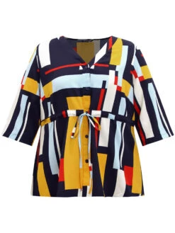 Geometric Contrast Drawstring Button Up Blouse -Bloomchic Shop 432522258 bu